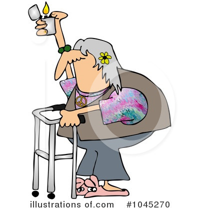 Elderly woman with walker lighting a candle, wearing floral top and peace symbol necklace, yellow flower in gray hair.