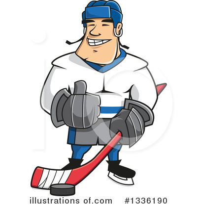 Smiling cartoon hockey player in white jersey, blue helmet, holding red stick and puck.