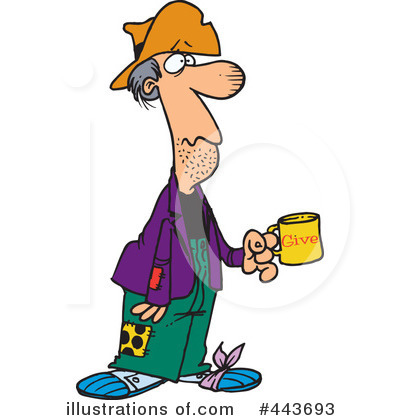 Cartoon man in tattered clothes and hat holding a "Give" cup, depicting homelessness or charity appeal.