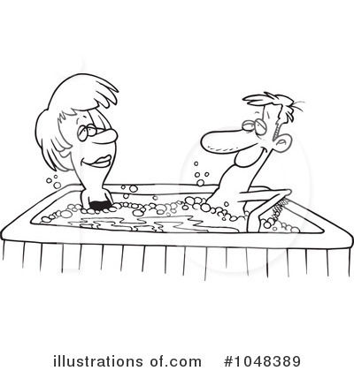 Two cartoon characters relaxing in a bubbling hot tub, smiling and conversing.