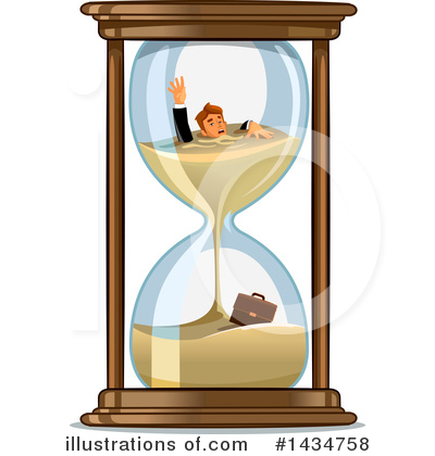 Businessman drowning in an hourglass with briefcase sinking below, symbolizing time pressure and burnout.