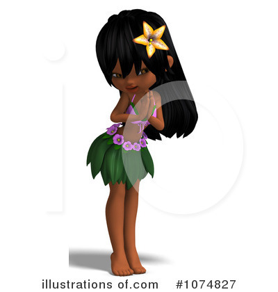 Animated Hawaiian girl with black hair, yellow flower, leaf skirt, and purple lei, posing playfully.
