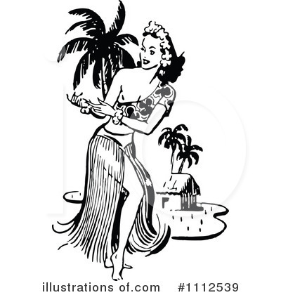 Vintage black-and-white illustration of a hula dancer in grass skirt with palm trees and tropical hut.