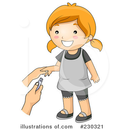 Smiling girl with pigtails receiving a finger-prick blood test from a healthcare provider.