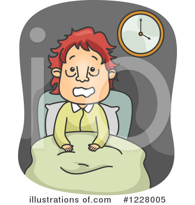 Red-haired person wide awake in bed at night, staring at a wall clock showing 3 a.m., looking anxious and sleepless.