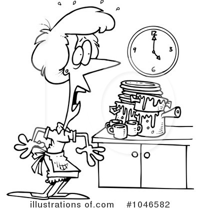 A flustered woman in an apron stares at a wall clock showing 5:00, next to a messy stack of dishes and spilled coffee on the counter.
