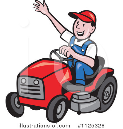 Cheerful cartoon man in overalls and red cap waving while driving a red riding lawnmower.