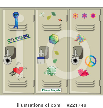 Three decorated school lockers with ribbons, stickers, hearts, peace signs, and a "Please Recycle" sign.