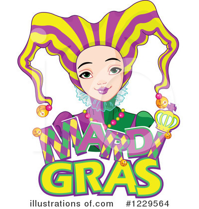 Cheerful Mardi Gras jester with purple, green, and gold striped hat and festive costume.