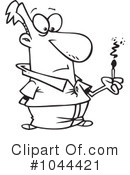 Cartoon man with wild hair holding a lit match, looking surprised or mischievous.