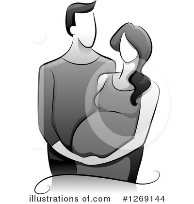 Silhouette of a man embracing a pregnant woman, grayscale illustration conveying love and anticipation.