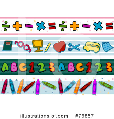 Colorful educational border with math symbols, school supplies, ABCs, numbers, and crayons for classroom or learning materials.