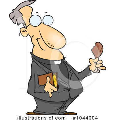 Cartoon priest in clerical collar holding a Bible and a chicken drumstick, smiling playfully.