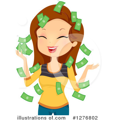 Happy woman with money falling around her, celebrating financial success or windfall.