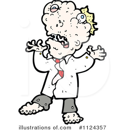 Cartoon zombie scientist with messy hair, torn lab coat, and grotesque face, arms outstretched in horror.