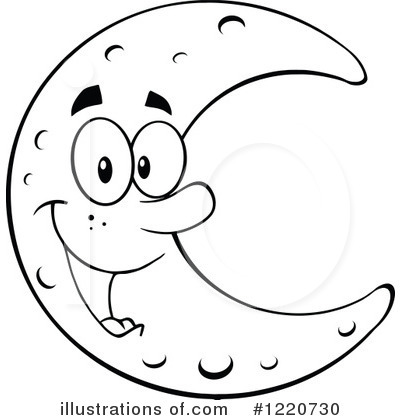 Smiling cartoon crescent moon with eyes, nose, mouth, and hand, black-and-white line art with craters.