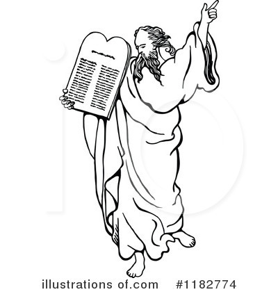 Moses holding the Ten Commandments tablets, pointing upward in a dramatic pose, black-and-white line illustration.