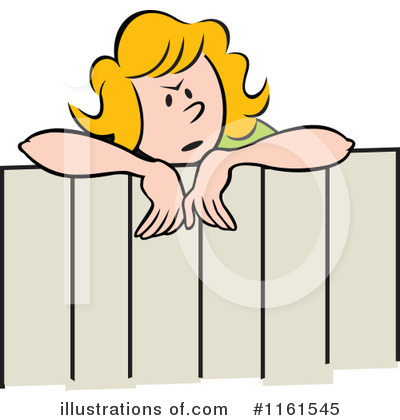 A worried blonde woman leans over a wooden fence, peering curiously or anxiously at something beyond.