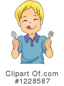 Happy blond boy holding spoon and fork, ready to eat, smiling with closed eyes.