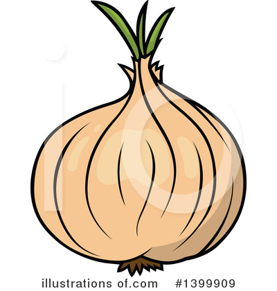 Cartoon illustration of a whole yellow onion with green sprouts and papery skin layers.