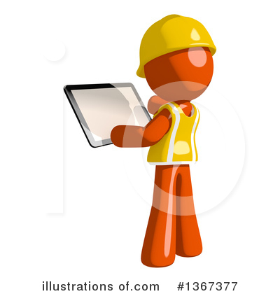 Orange construction worker character in yellow hard hat and vest holding a tablet computer.