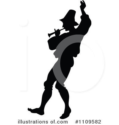 Silhouette of a medieval minstrel playing a trumpet while dancing joyfully in traditional attire.