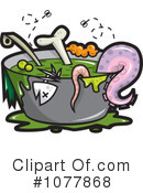 A cartoon cauldron filled with green goo, bones, worms, and vegetables, bubbling with magical or toxic effects.