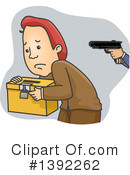 A cartoon of a red-haired person holding a yellow box while being threatened by a gun from off-screen.