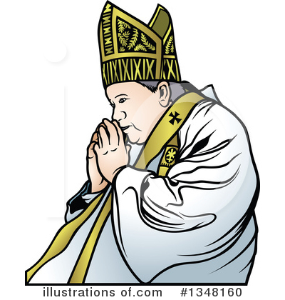 A bishop in white vestments and golden mitre prays with hands clasped, depicted in stylized vector illustration.