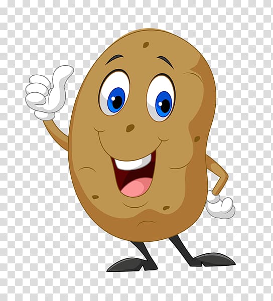 Cheerful cartoon potato character giving a thumbs-up with blue eyes and smiling face.