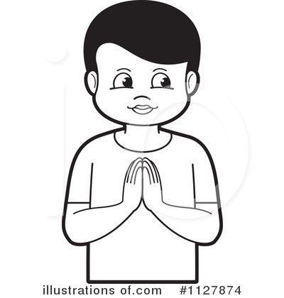 Black-and-white line drawing of a smiling boy with hands pressed together in a prayer or greeting gesture.