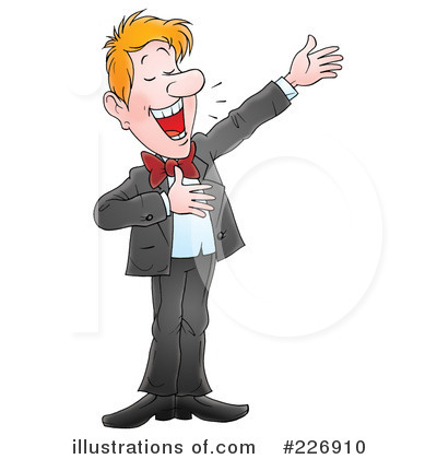 Cheerful cartoon man in suit and bowtie, laughing with one arm raised and hand on chest.