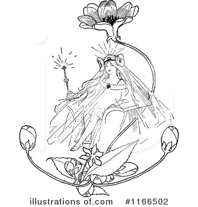 A black-and-white line drawing of a crowned fairy seated on a floral anchor, holding a glowing wand with blossoms overhead.