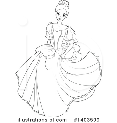 Black-and-white line art of a princess in an elegant ball gown with puffed sleeves and updo hairstyle, poised and graceful.