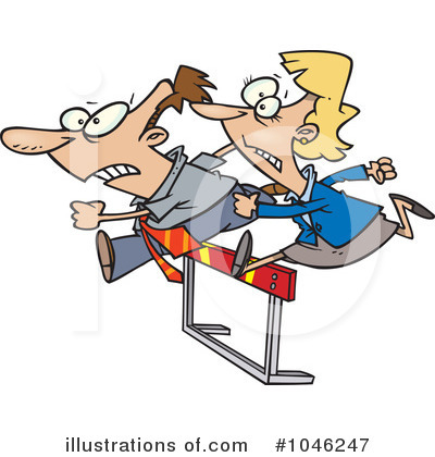 A cartoon man and woman in business attire racing over a hurdle, both straining with exaggerated expressions.