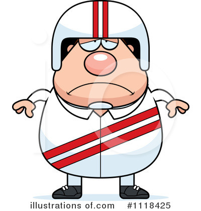 Frowning cartoon race car driver in white helmet and striped racing suit with arms outstretched.