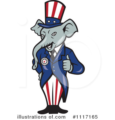 Patriotic cartoon elephant in Uncle Sam hat and suit, giving thumbs-up with confident expression.