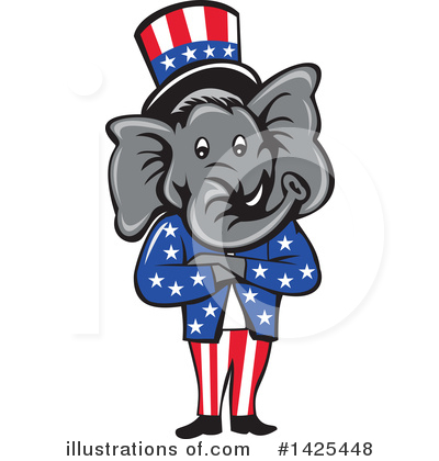 Cartoon elephant in Uncle Sam hat and stars-and-stripes suit, representing the Republican Party.