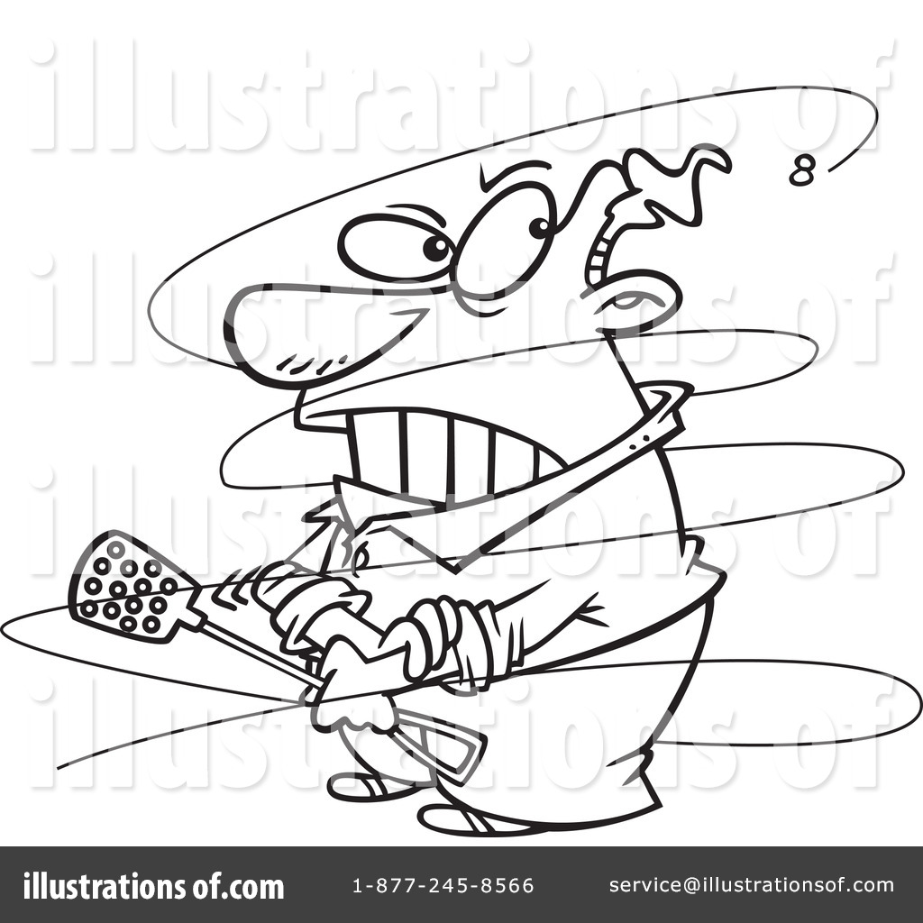 Cartoon man spinning wildly with spatula, dizzy and frantic, black-and-white line art illustration.