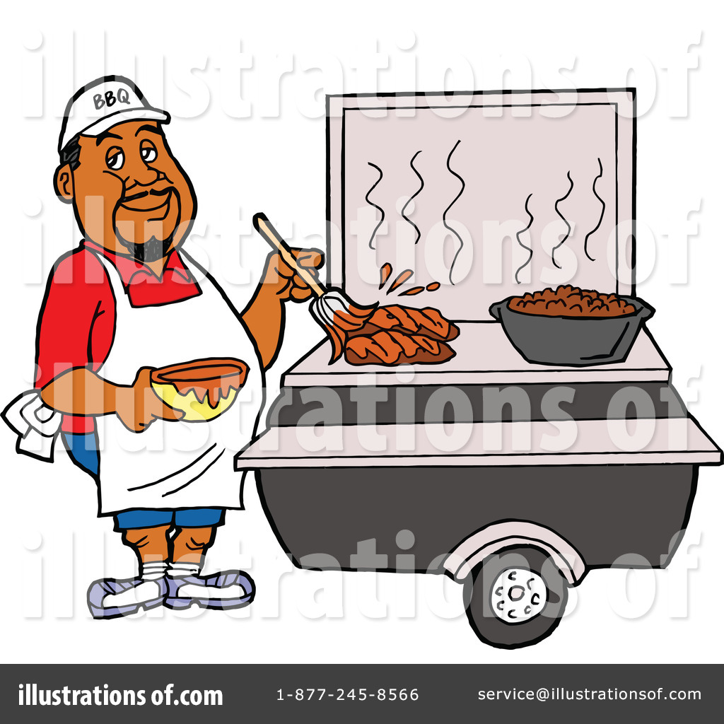 A smiling Black BBQ chef in a white apron and cap bastes ribs on a mobile grill cart with steaming beans nearby.