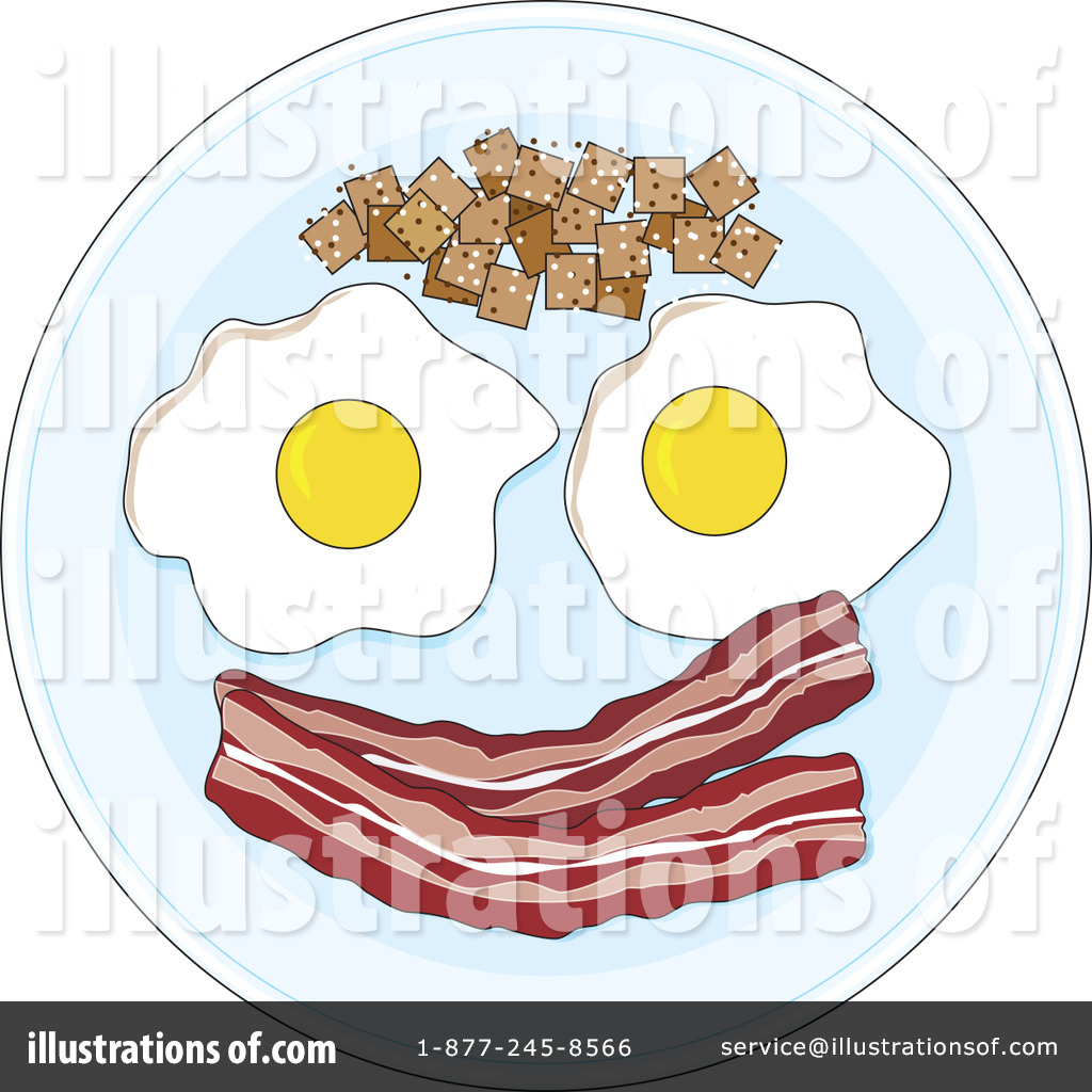 A smiling breakfast face made of two sunny-side-up eggs (eyes), bacon strips (mouth), and cereal squares (hair) on a white plate.