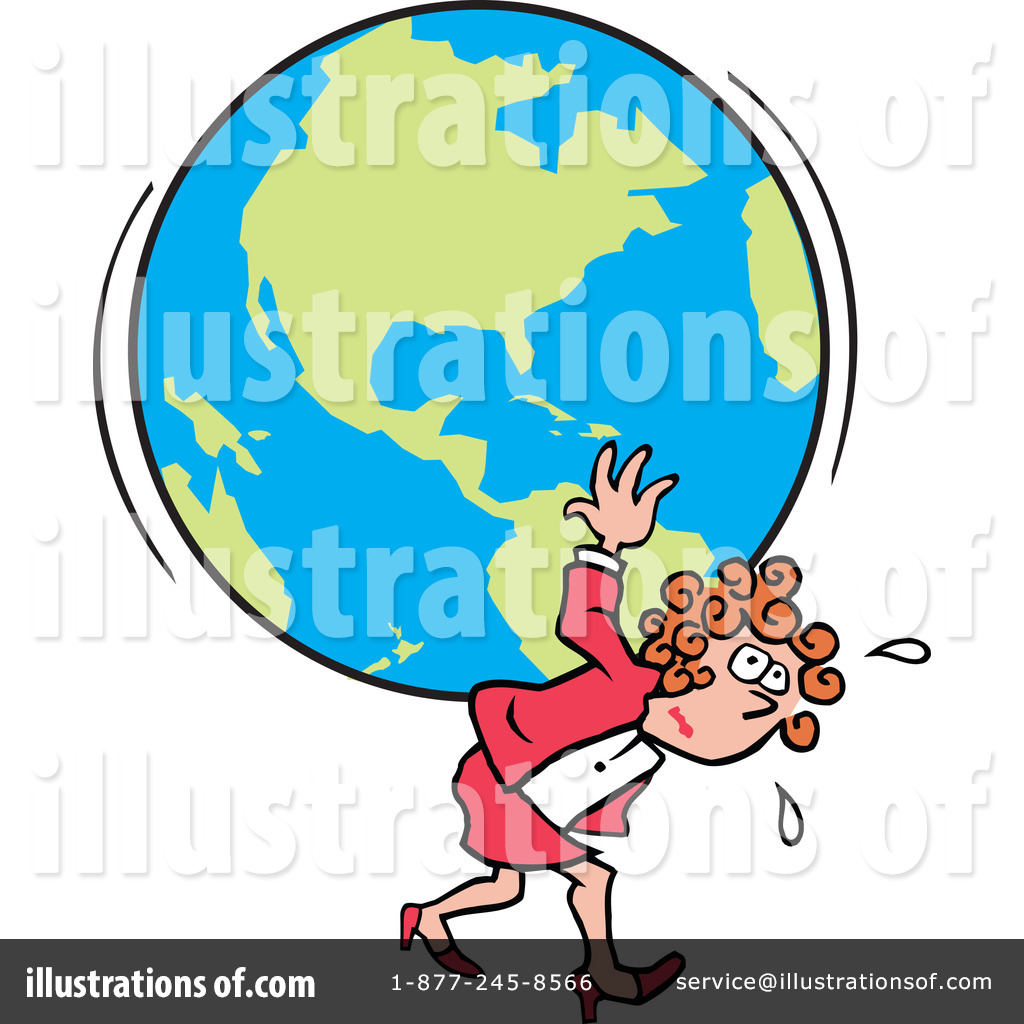 A cartoon woman in business attire struggles to carry a giant globe on her back, sweating and straining.