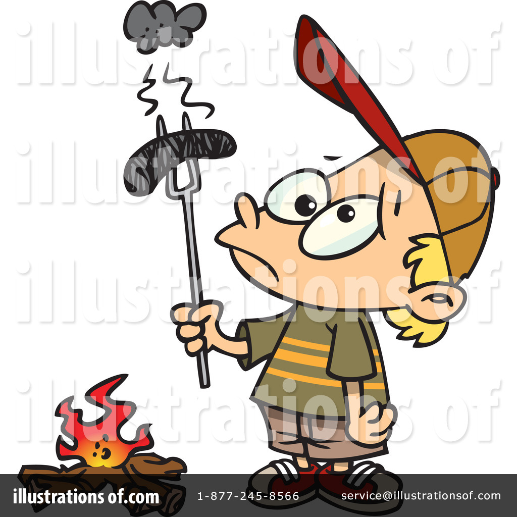 Boy Roasting Sausage Over Campfire - Fun Camping Illustration
