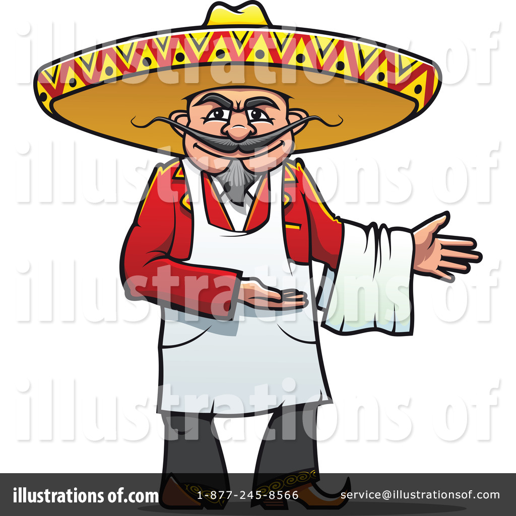 Cartoon Mexican chef wearing a colorful sombrero, red jacket, white apron, and mustache, gesturing welcomingly.