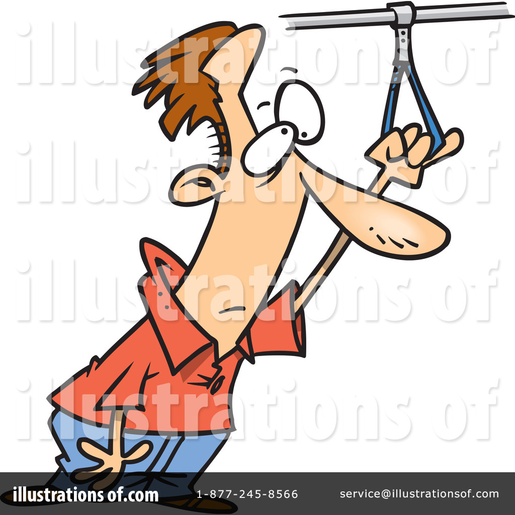 Cartoon man in red shirt and blue jeans hanging from a trapeze bar with exaggerated expression.