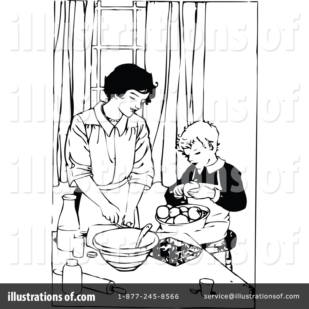 Mother and Child Cooking Together - Vintage Illustration