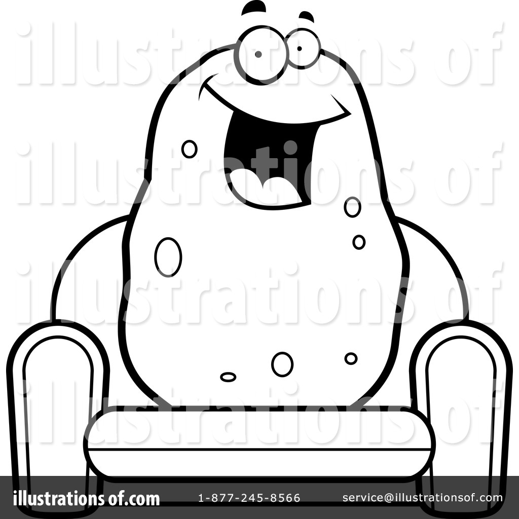 A cheerful cartoon potato character sitting in an armchair with a wide smile and expressive eyes.