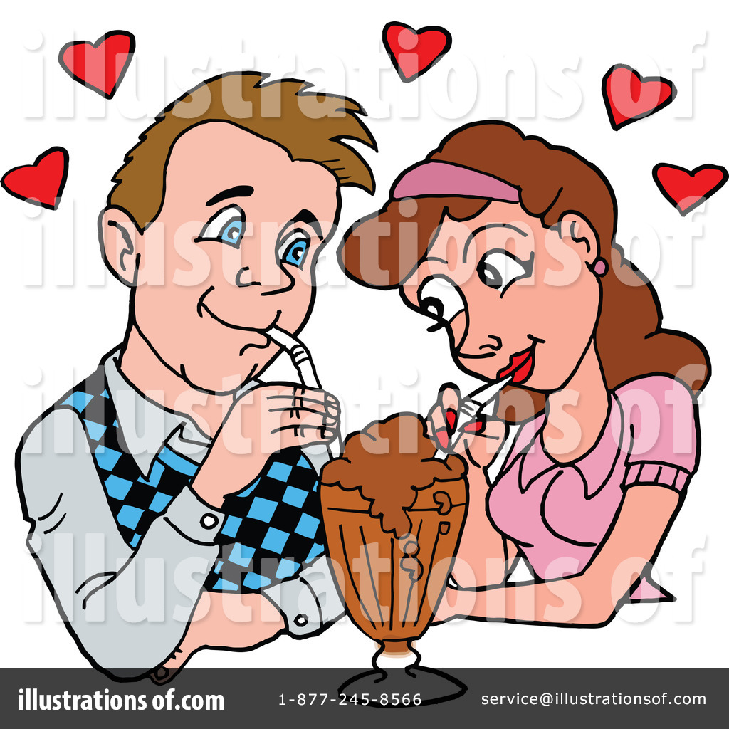 A smiling cartoon couple shares a chocolate sundae with two straws, surrounded by red hearts.