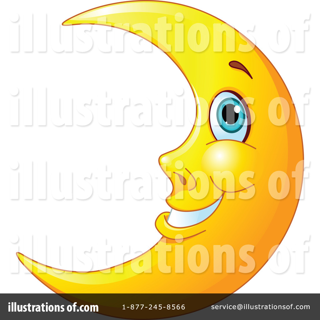 Cheerful yellow crescent moon with smiling face, blue eye, and friendly expression on white background.