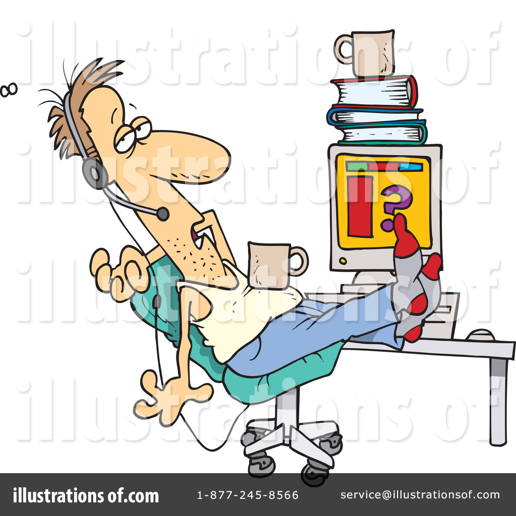 Exhausted office worker slumped in chair with headset, feet on desk, coffee mug and books piled high beside computer showing question mark.
